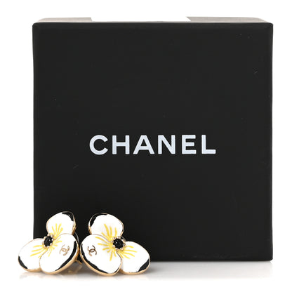 Chanel Metal Resin Glass Pearl CC Flower Stud Earrings Gold White Black 5 of 5