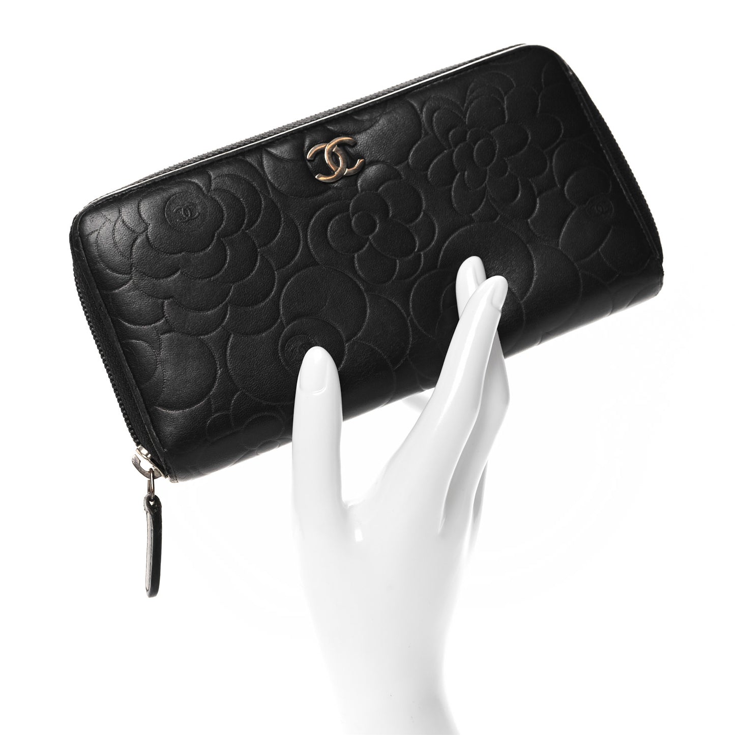 Lambskin Camellia Embossed Large Zip Around Gusset Wallet Black