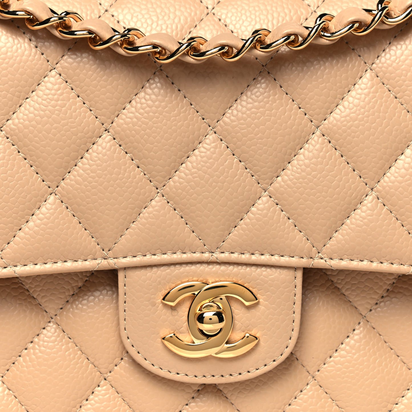 Caviar Quilted Medium Double Flap Beige