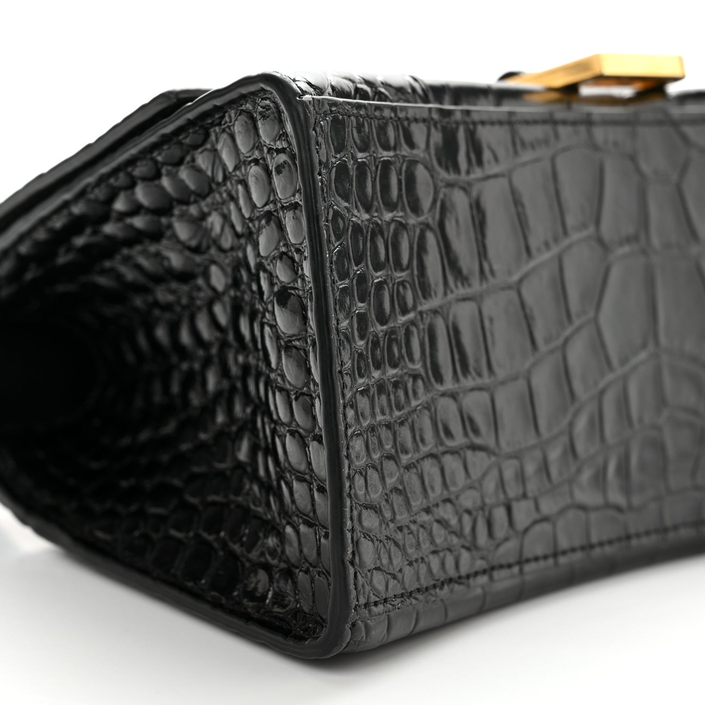Shiny Calfskin Crocodile Embossed Small Hourglass Top Handle Bag Black