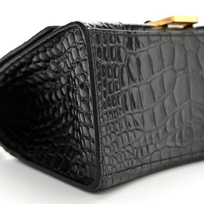 Balenciaga Shiny Calfskin Crocodile Embossed Small Hourglass Top Handle Bag Black 10 of 12