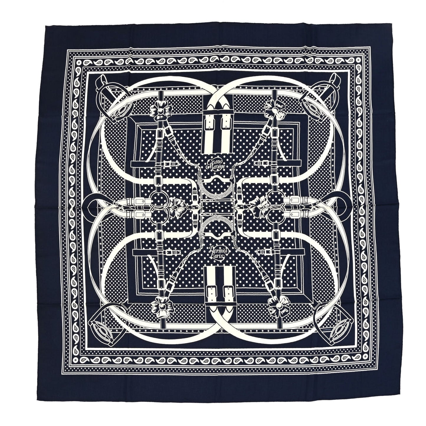 Silk Cashmere Grand Manege Bandana Shawl 140 Marine White