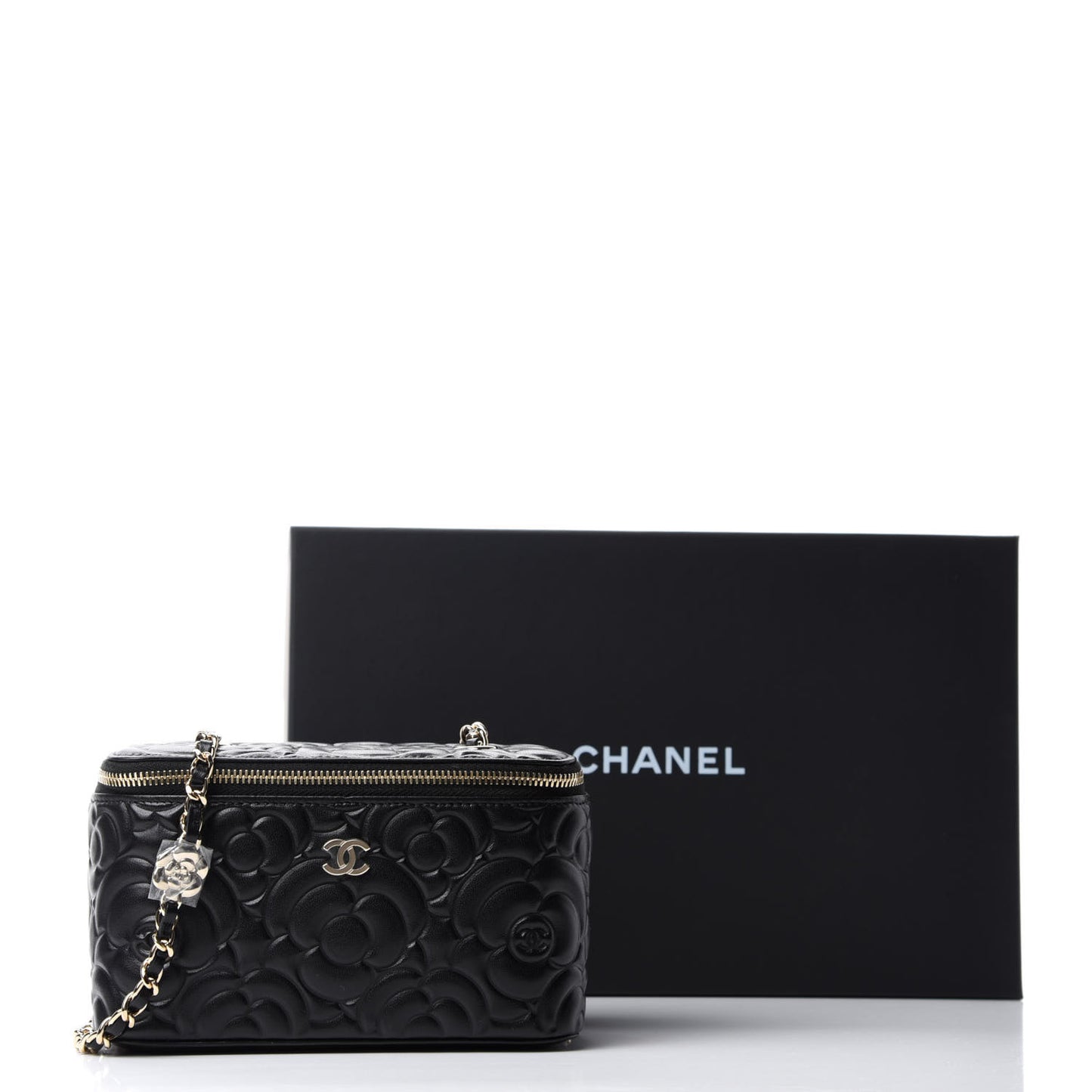 Lambskin Camellia Embossed Small Vanity Case With Chain Black