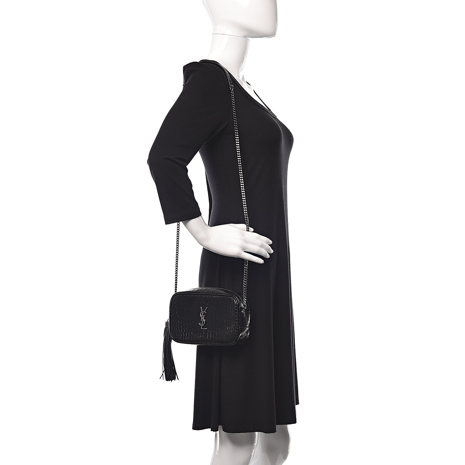 Saint Laurent Calfskin Crocodile Embossed Monogram Mini Lou Camera Bag Black 2 of 10