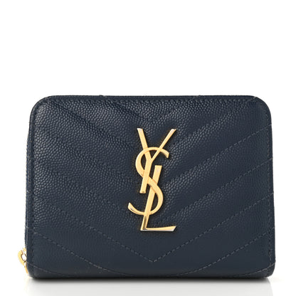 Saint Laurent Grain De Poudre Matelasse Chevron Monogram Compact Zip Around Wallet Deep Marine 1 of 6