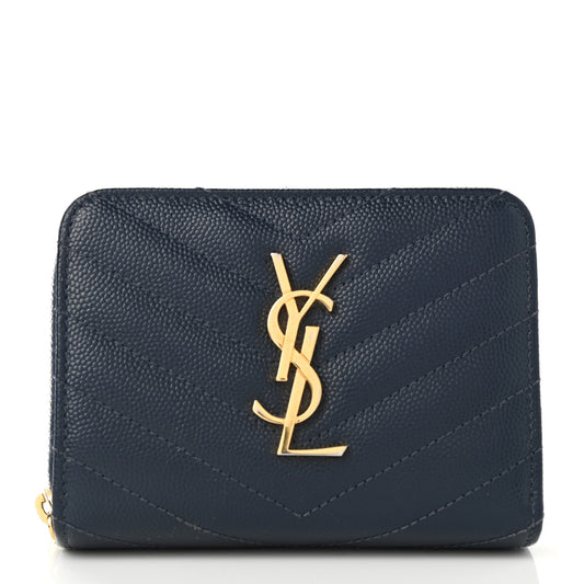 Grain De Poudre Matelasse Chevron Monogram Compact Zip Around Wallet Deep Marine