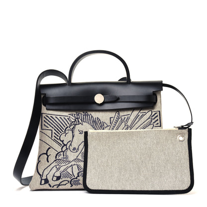 Hermes Vache Hunter Toile H Pegase Pop Herbag Zip Retourne 31 PM Bleu Indigo Ecru Black 1 of 5