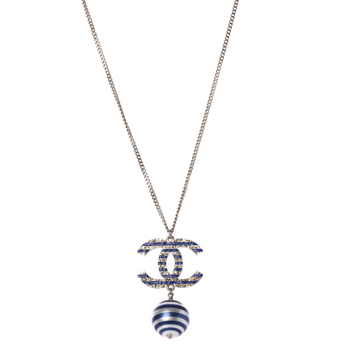 Chanel Resin Pearl Striped CC Drop Necklace Blue Gold 1 of 7