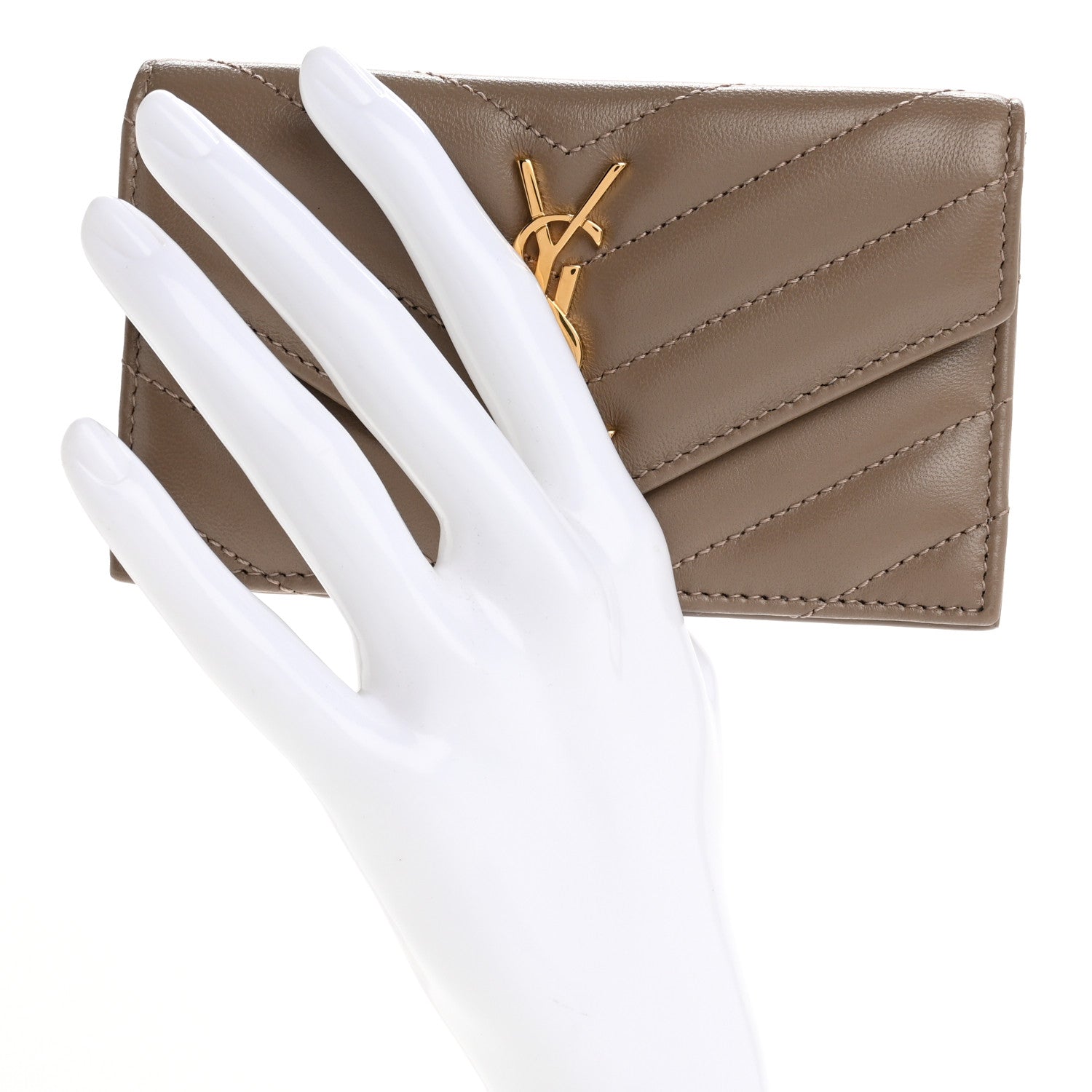 Saint Laurent Calfskin Matelasse Chevron Monogram Fragments Zippered Card Case Greyish Brown 2 of 7