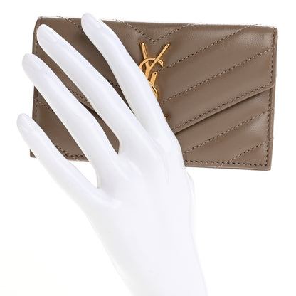Saint Laurent Calfskin Matelasse Chevron Monogram Fragments Zippered Card Case Greyish Brown 2 of 7