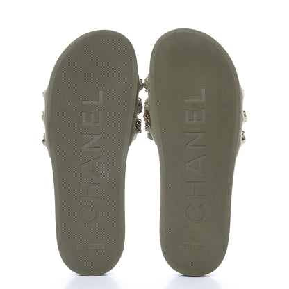 Chanel Canvas Chain Flat Sandals 40 Khaki 5 of 9
