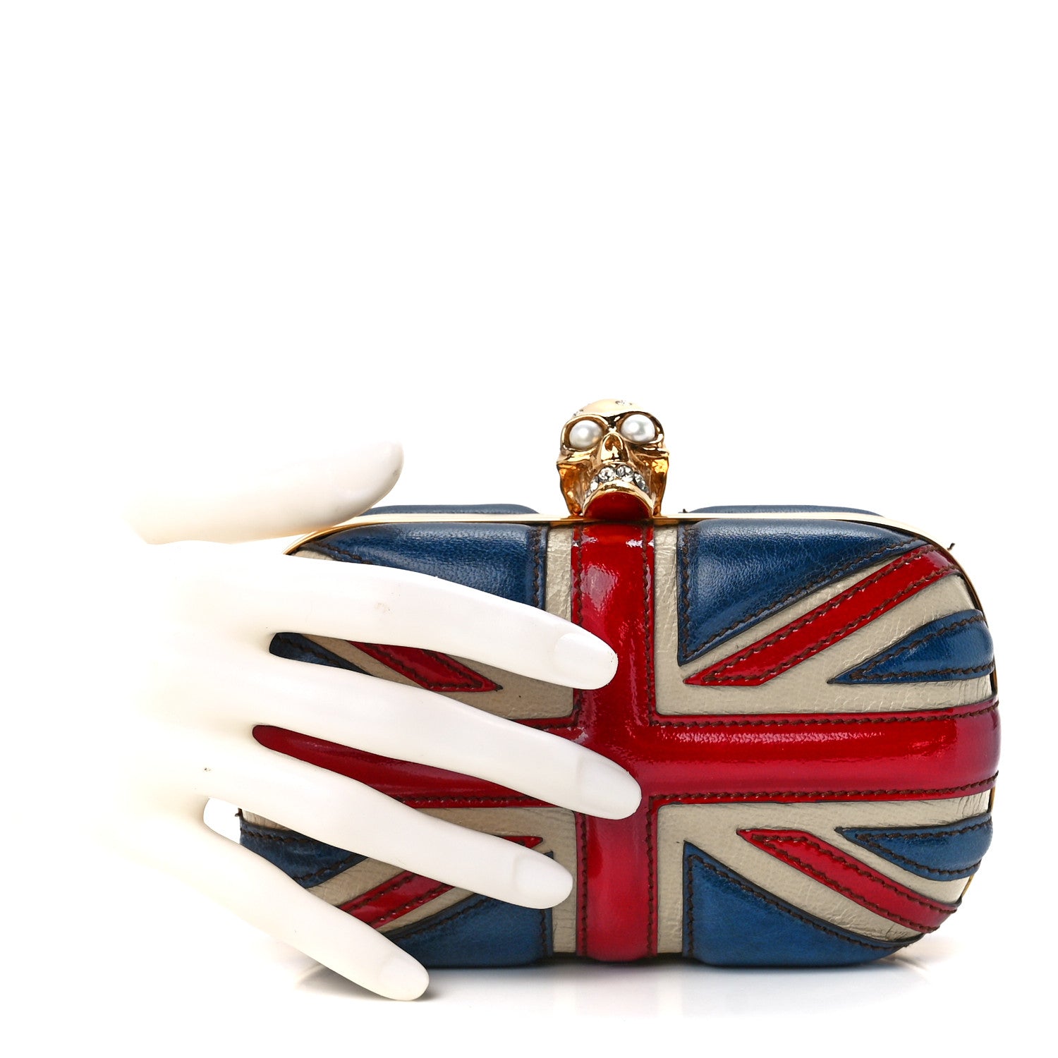 Alexander McQueen Patent Calfskin Britannia Skull Box Clutch Red Blue 2 of 11