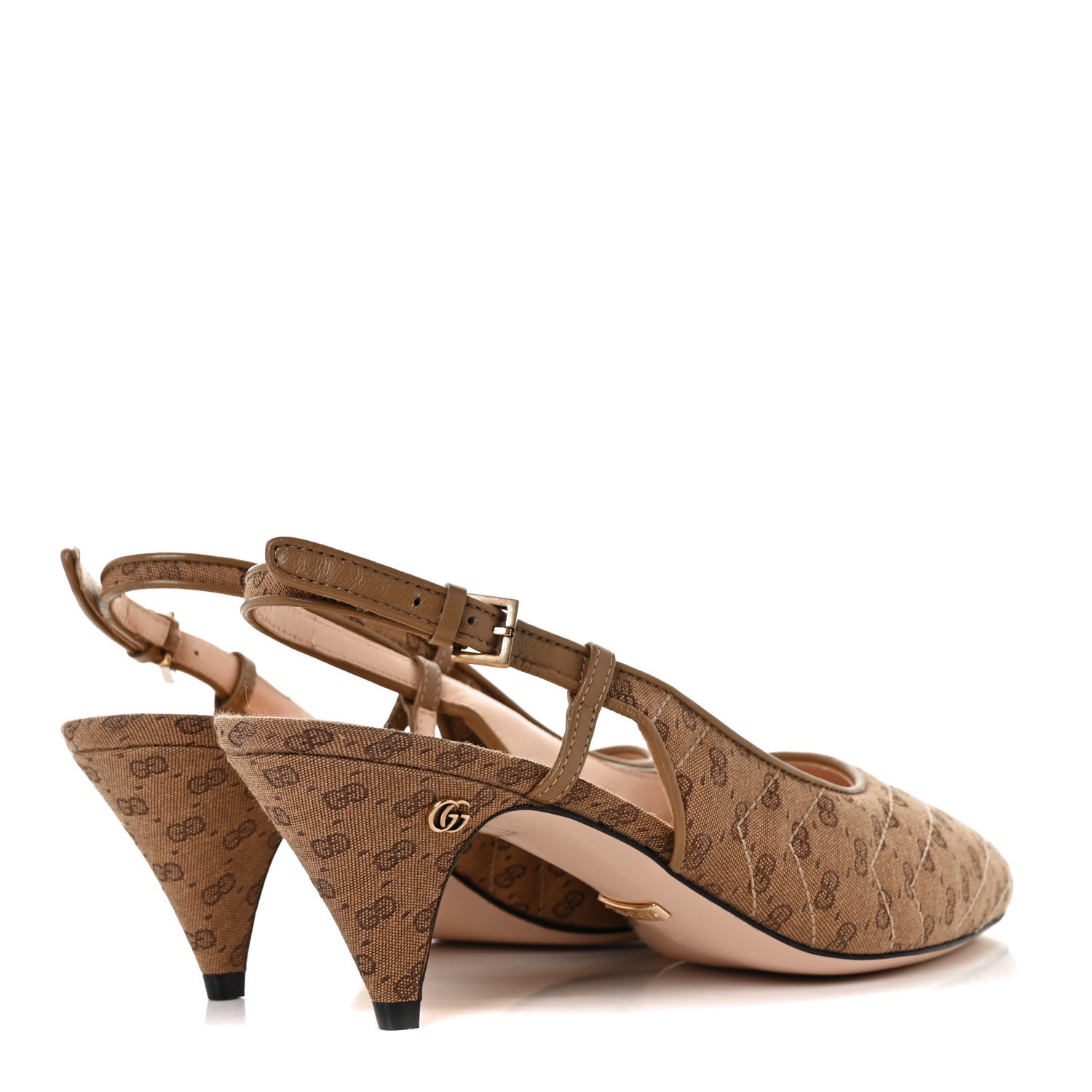Gucci Monogram GG Mignon Nappa Chevron Matelasse Double G 75mm Slingback Pumps 37 Dusty Brown 4 of 8