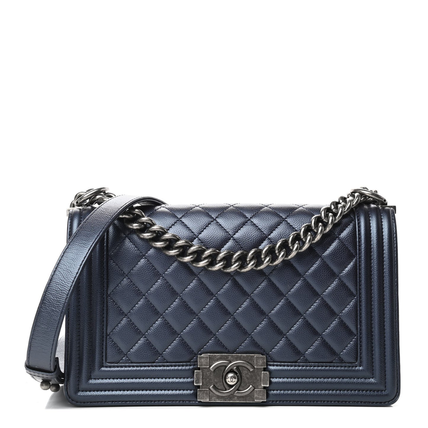 Metallic Caviar Quilted Medium Boy Flap Dark Blue