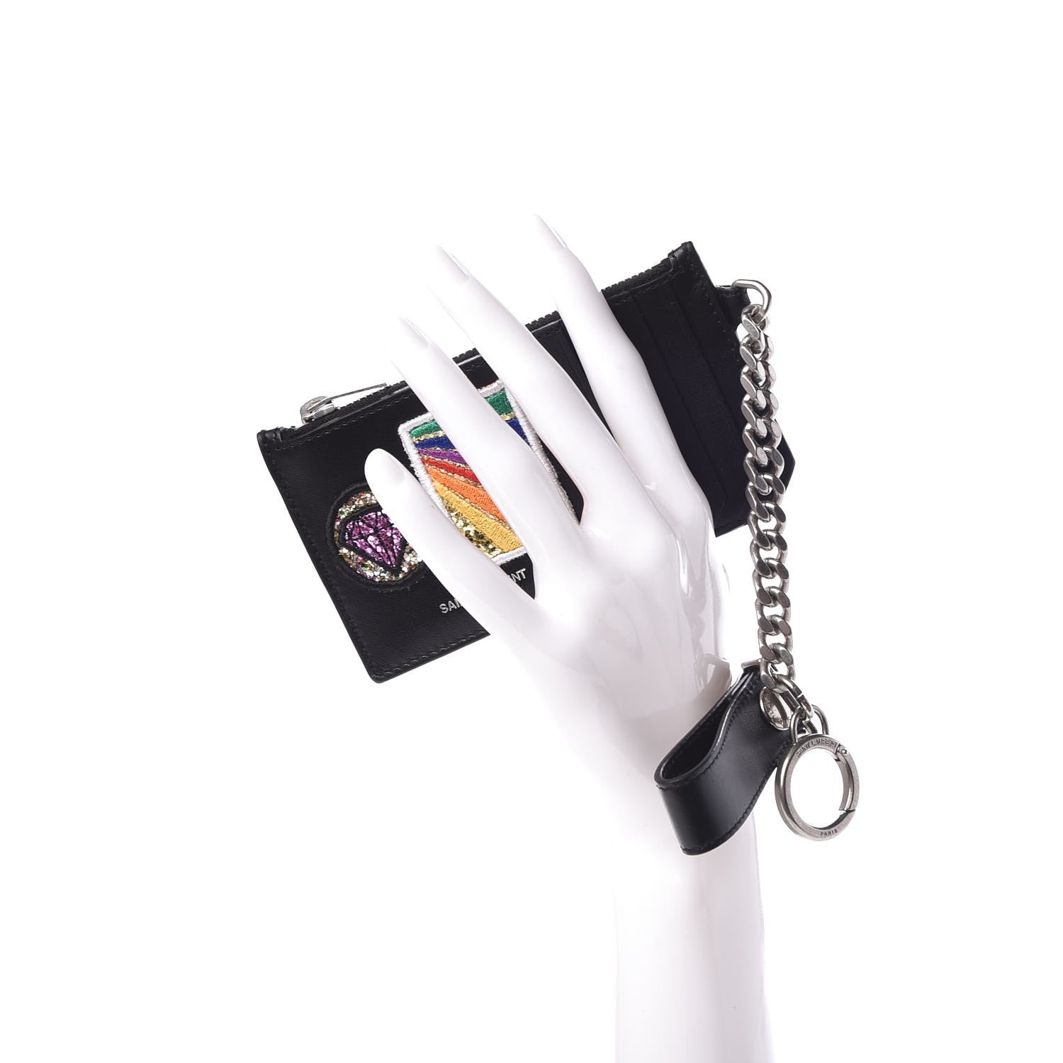 Saint Laurent Calfskin Paris Rainbow Fragments Zip Pouch Card Holder Black 2 of 8