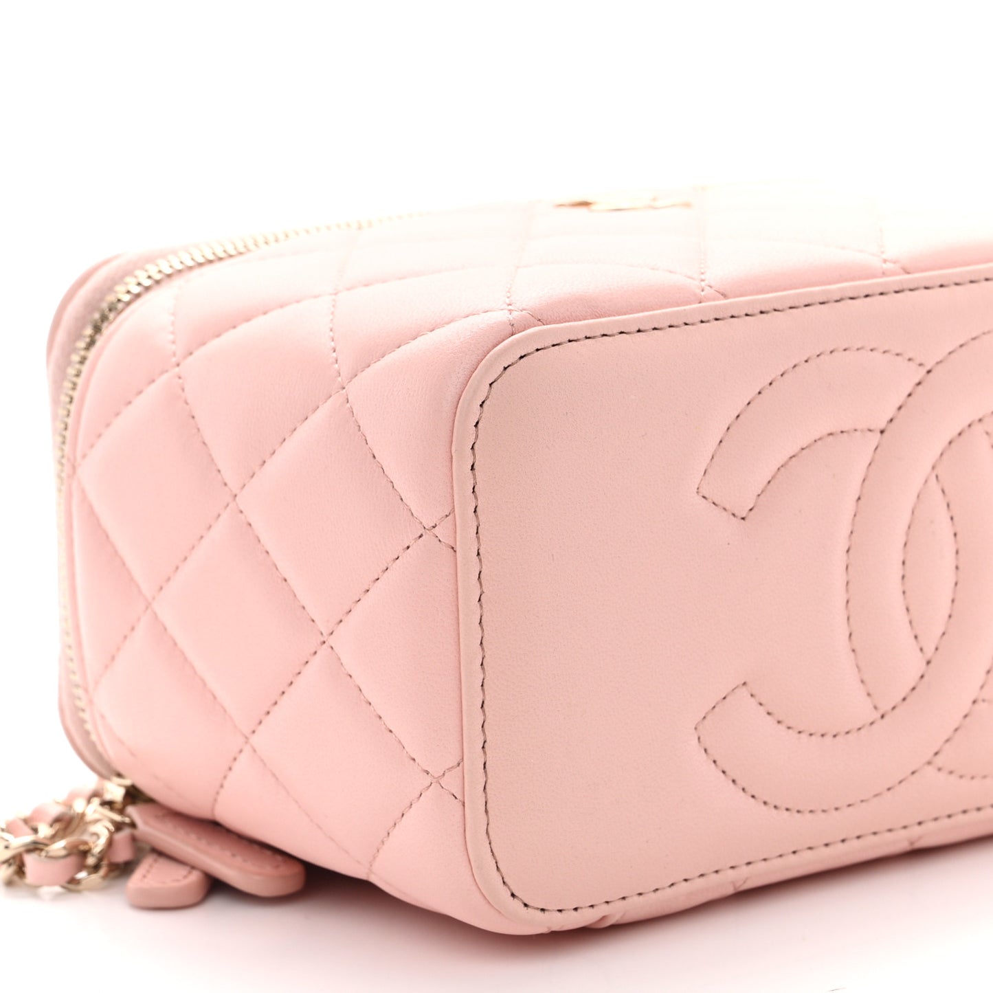 Lambskin Quilted Small Top Handle Vanity Case With Chain Light Pink