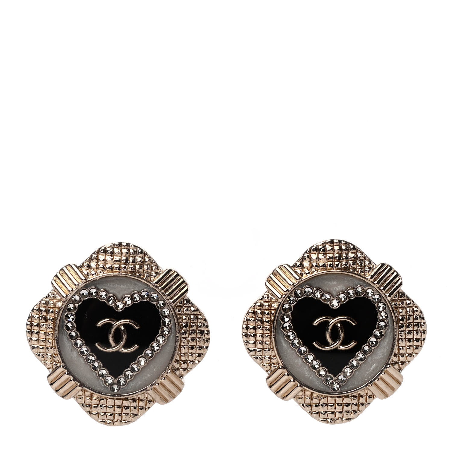 Chanel Resin Crystal Quilted CC Heart Earrings Gold Black 1 of 4