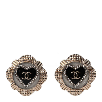 Chanel Resin Crystal Quilted CC Heart Earrings Gold Black 1 of 4