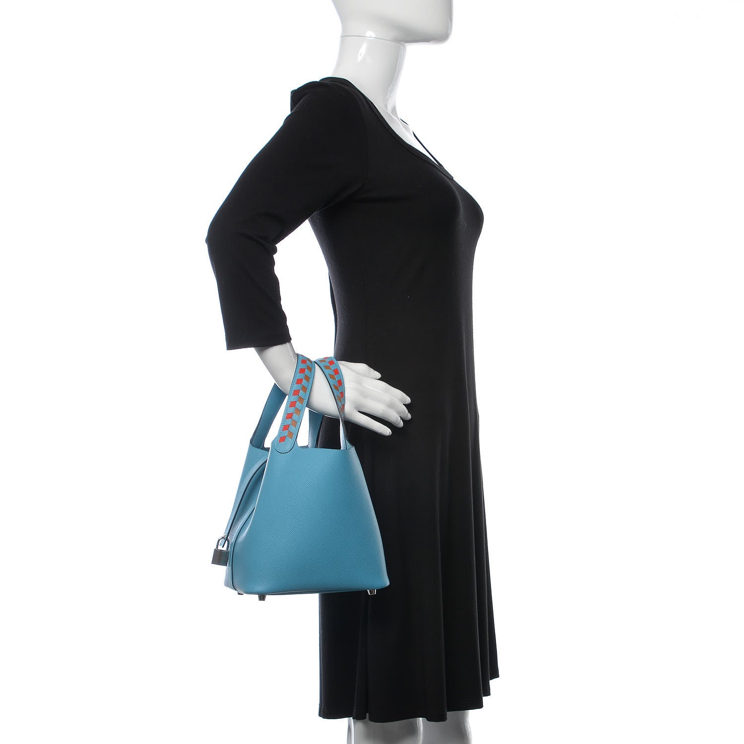 Hermes Epsom Tressage De Cuir Picotin Lock 18 PM Bleu Du Nord Rouge De Coeur Gold 3 of 10