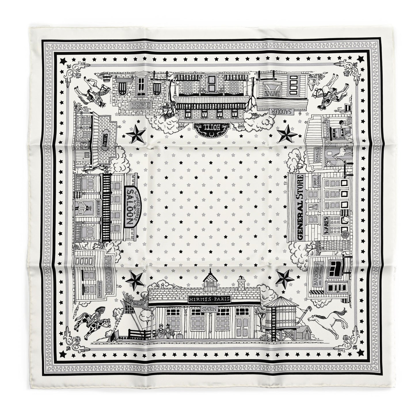 Silk Paris Station Bandana Scarf 55 White Gris Black