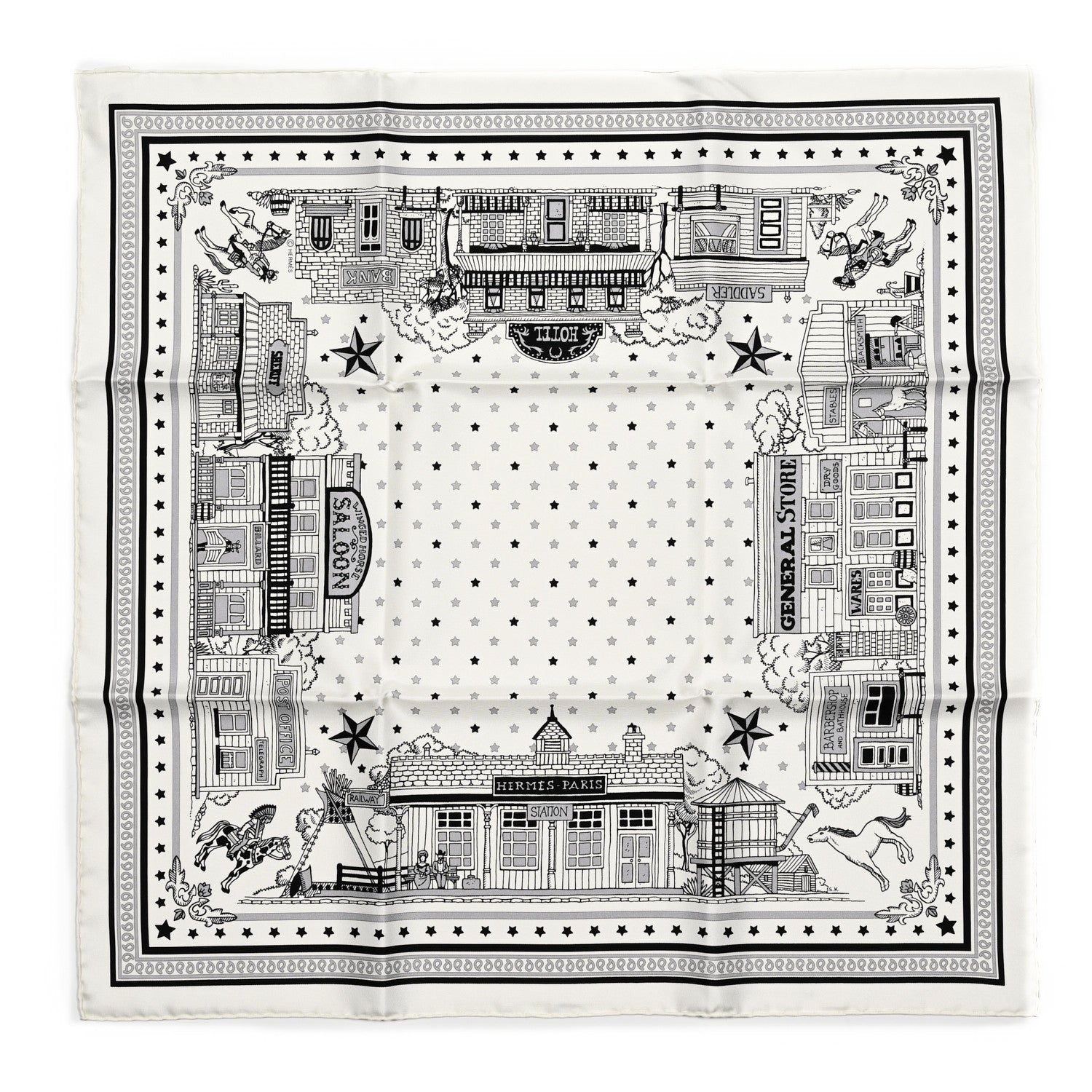 Hermes Silk Paris Station Bandana Scarf 55 White Gris Black 1 of 5