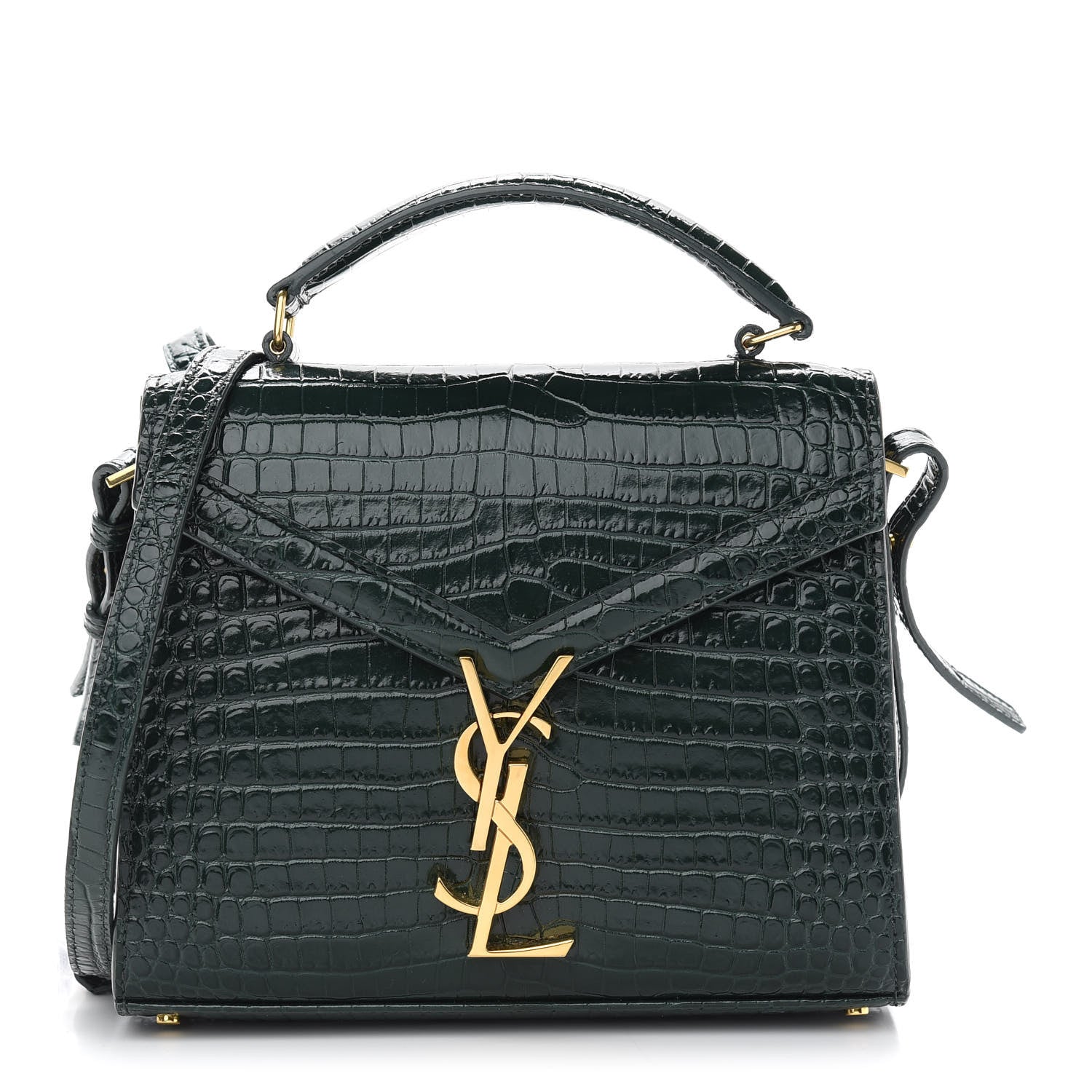 Saint Laurent Calfskin Crocodile Embossed Mini Classic Monogram Cassandra Top Handle Green 1 of 11