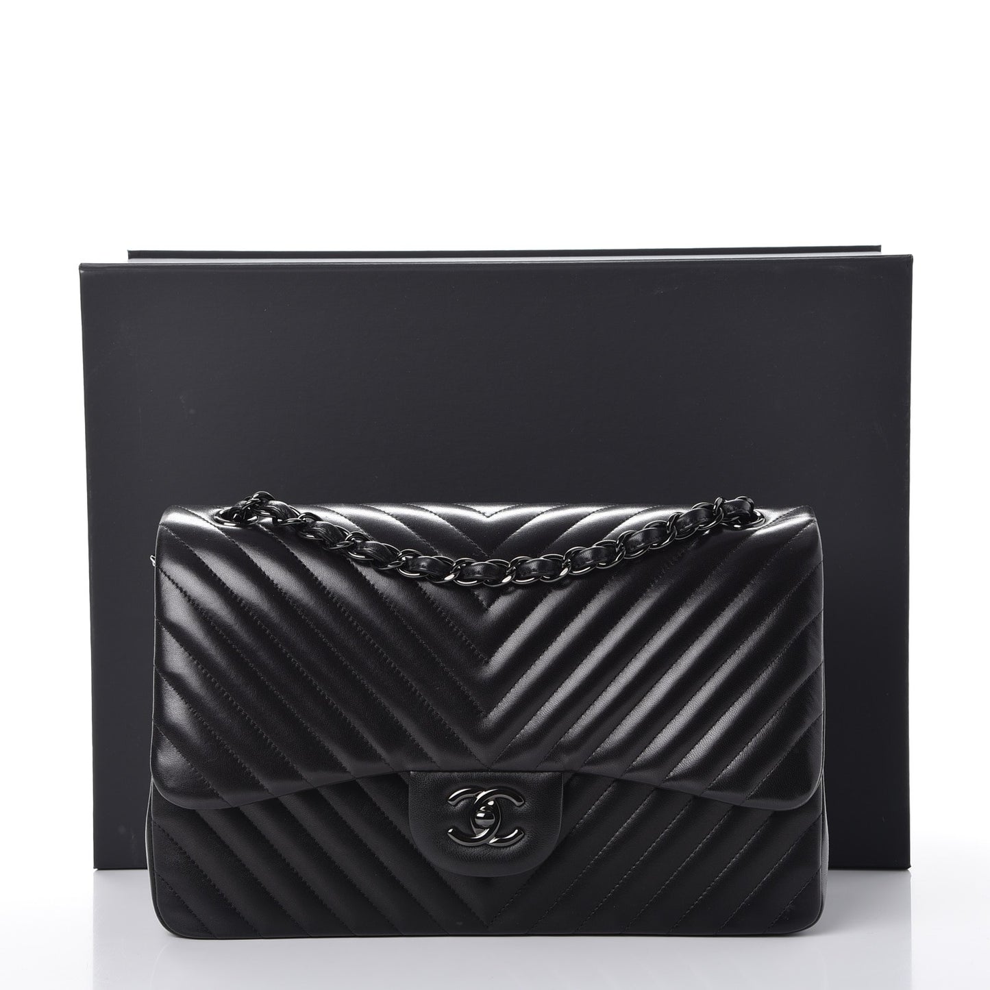 Lambskin Chevron Quilted Jumbo Double Flap So Black