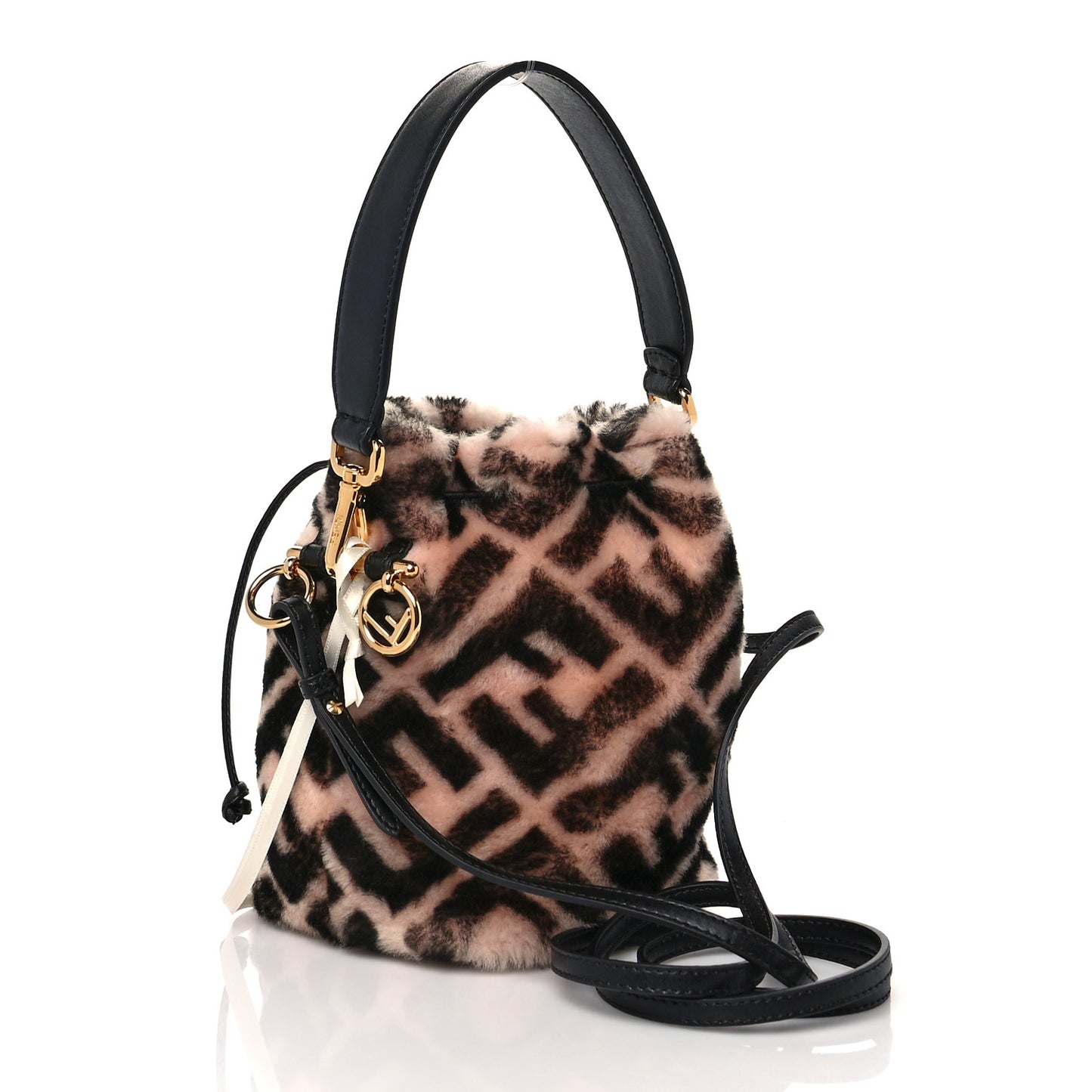 Shearling F is Fendi Macro FF 1974 Diagonal Mini Mon Tresor Bucket Bag Light Rose Black