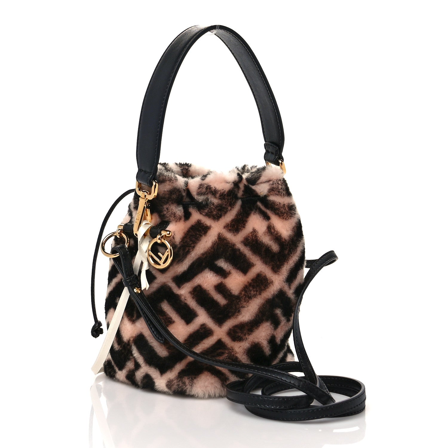 Fendi Shearling F is Fendi Macro FF 1974 Diagonal Mini Mon Tresor Bucket Bag Light Rose Black 3 of 10