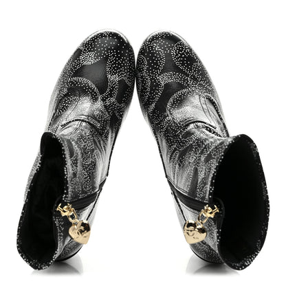 Chanel Calfskin Camellia Printed Ankle Boots 38 Black White 2 of 9