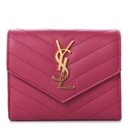 Saint Laurent Grain De Poudre Matelasse Chevron Monogram Compact Tri Fold Wallet Bright Pink 1 of 9