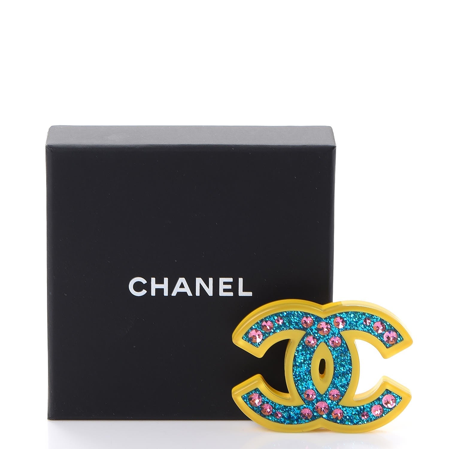 Chanel Resin Glitter Crystal CC Brooch Yellow Blue 5 of 5