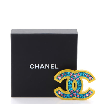 Chanel Resin Glitter Crystal CC Brooch Yellow Blue 5 of 5