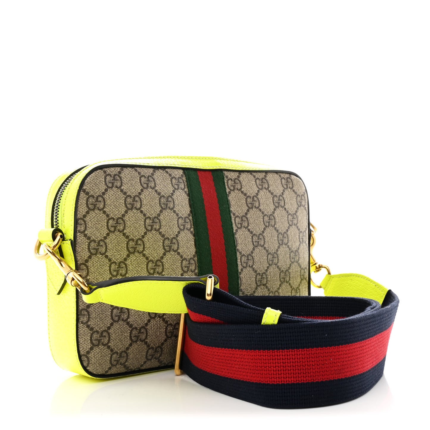 GG Supreme Monogram Textured Dollar Calfskin Web Ophidia Wristlet Shoulder Bag Beige Ebony Fluo Yellow