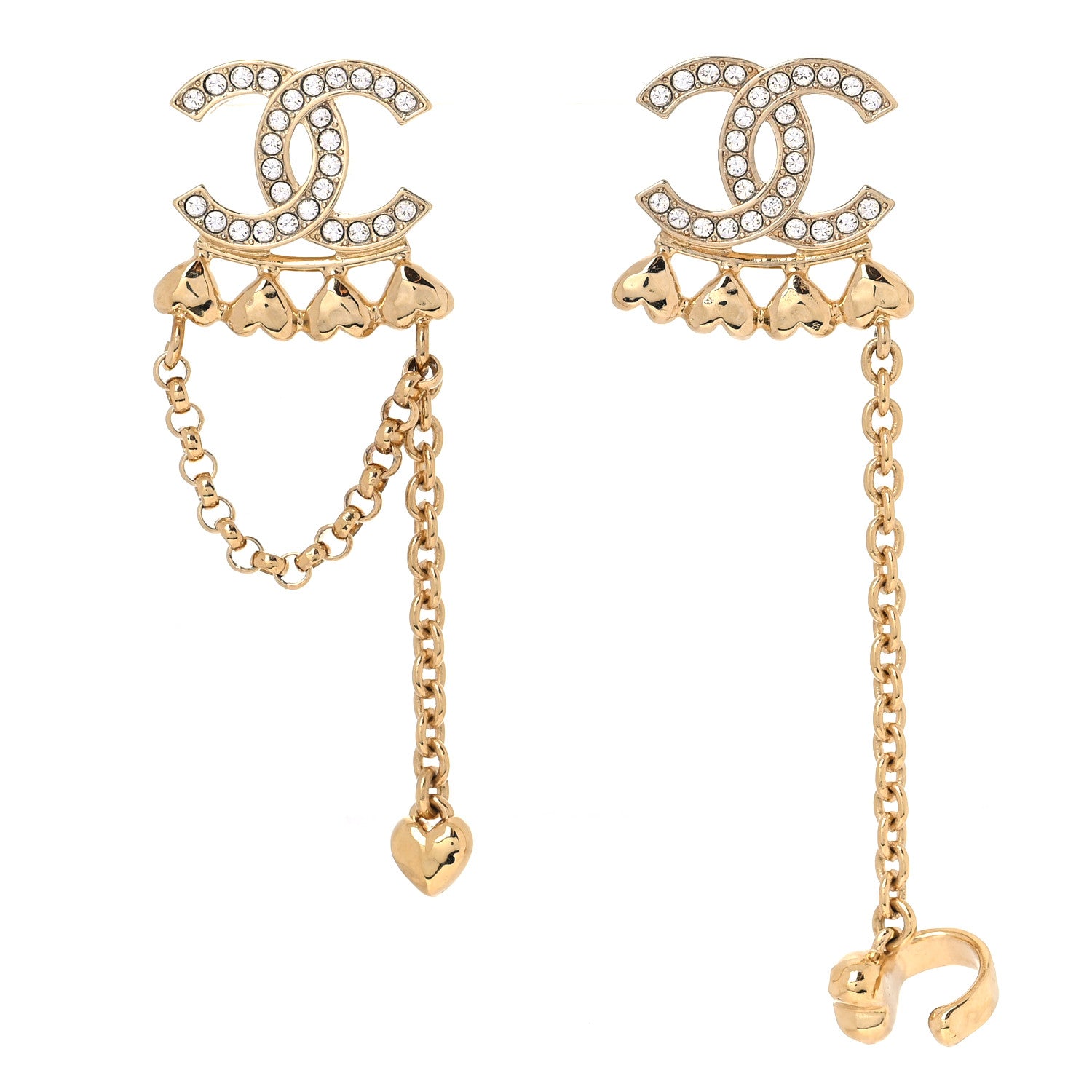 Chanel Metal Crystal CC Drop Heart Link Earrings Gold 1 of 4