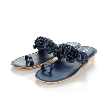Chanel Lambskin Camellia Sandals 38 Dark Navy Blue 3 of 7