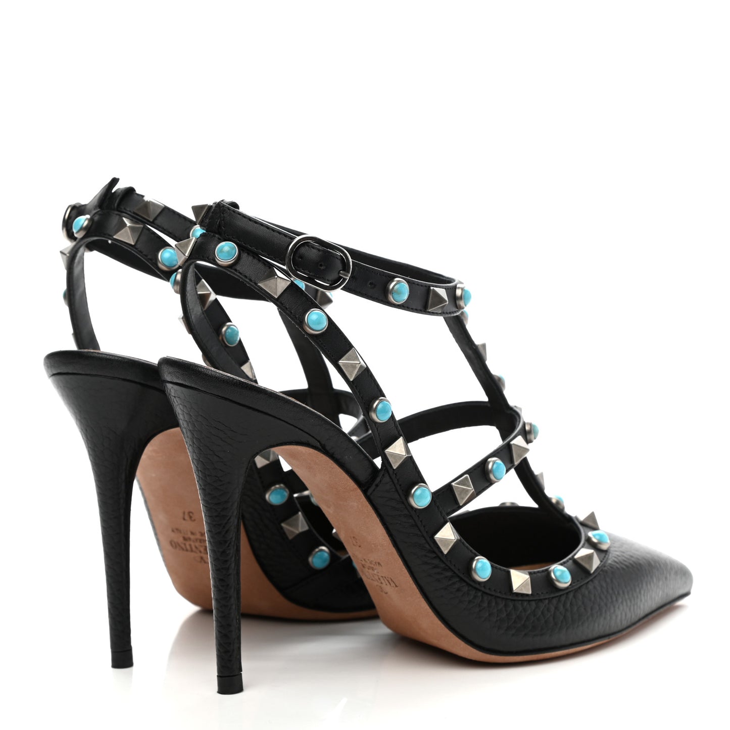 Pebbled Calfskin Turquoise Rockstud Rolling Ankle Strap 100mm Pumps 37 Black
