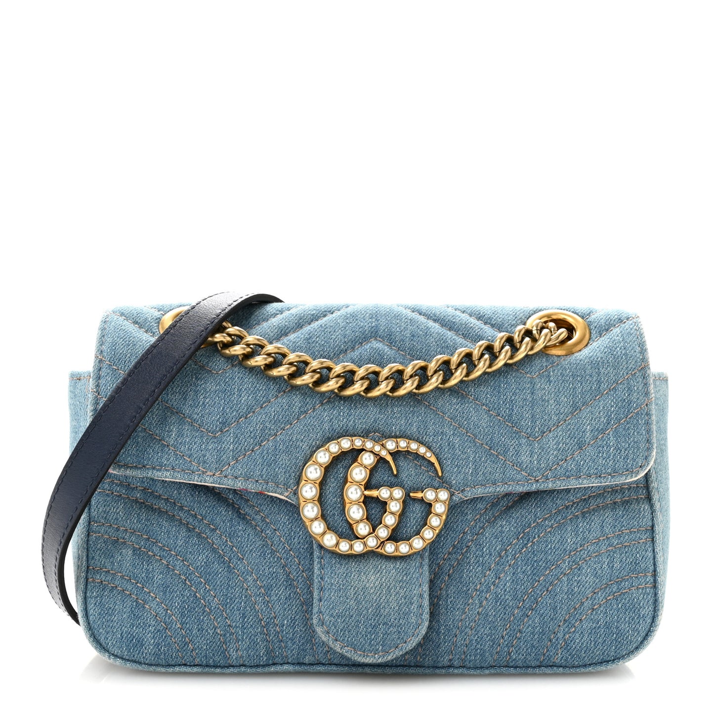 Denim Matelasse Mini Pearly GG Marmont Shoulder Bag Blue