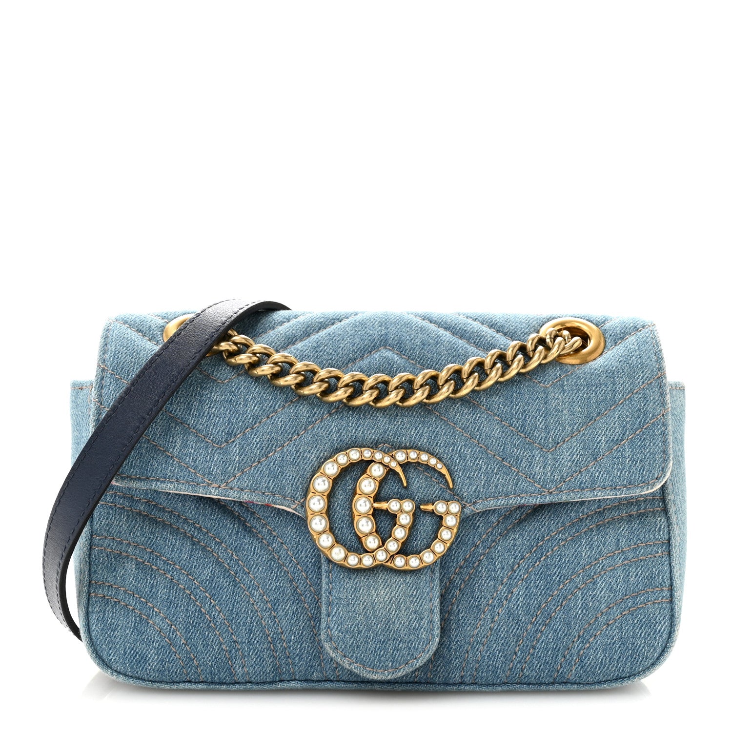 Gucci Denim Matelasse Mini Pearly GG Marmont Shoulder Bag Blue 1 of 13