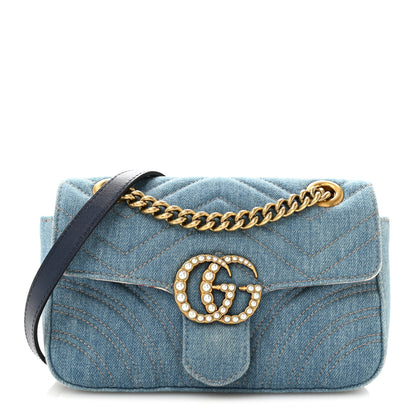 Gucci Denim Matelasse Mini Pearly GG Marmont Shoulder Bag Blue 1 of 13