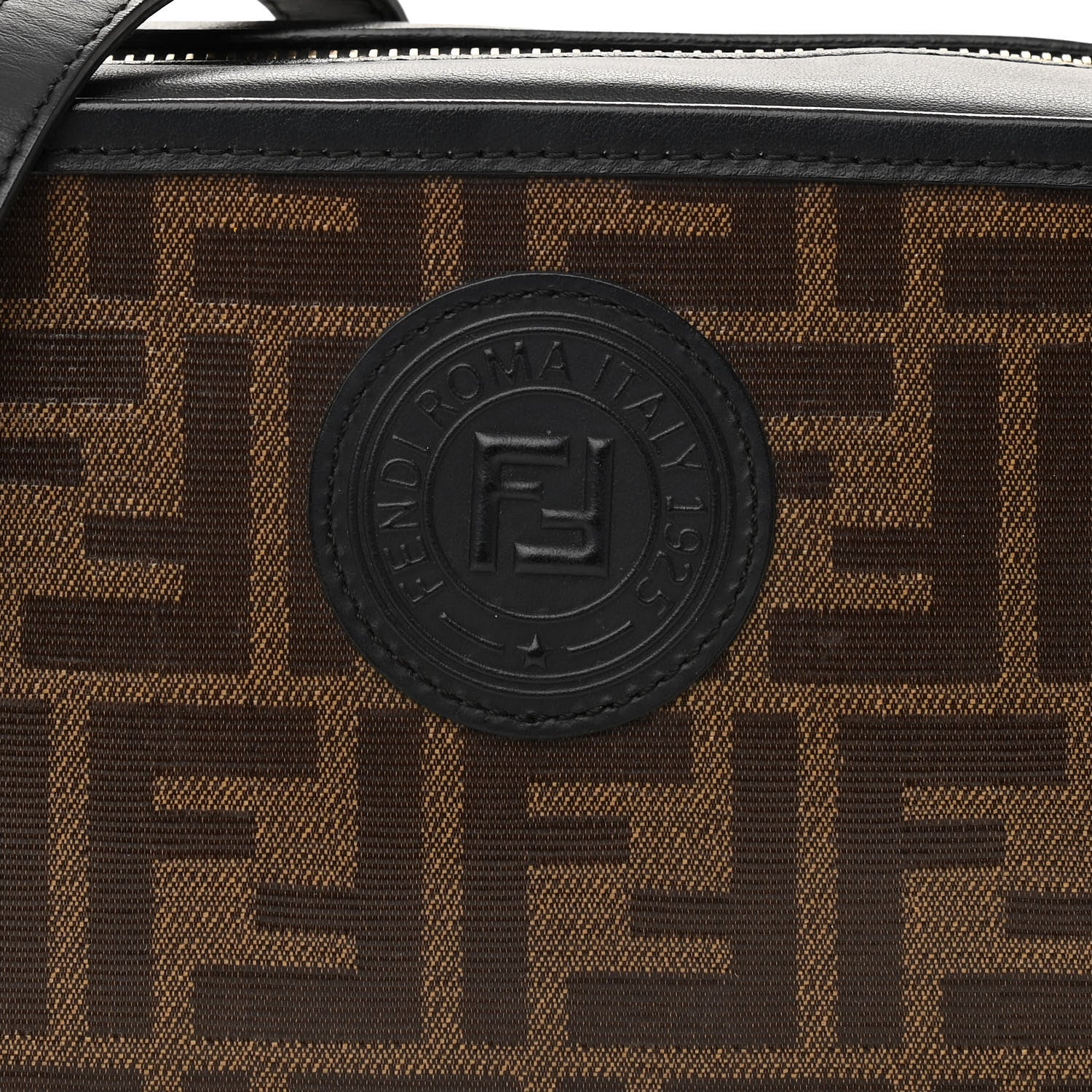 Fendi Glazed Fabric Vitello Century FF 1974 Stamp Patch Mini Camera Case Mogano Panna Black 9 of 14
