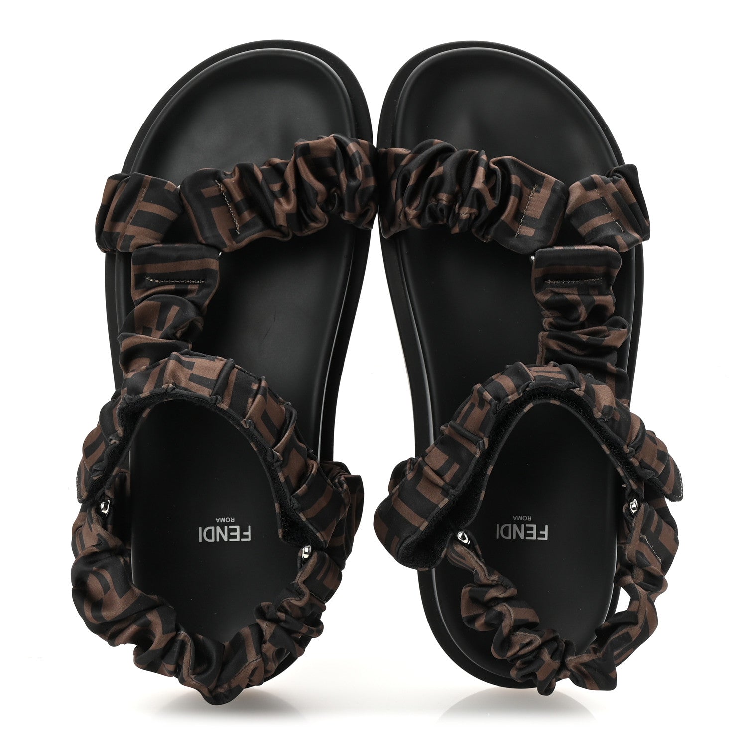 Fendi Satin FF Ruched Sandals 39 Tobacco Black 2 of 9