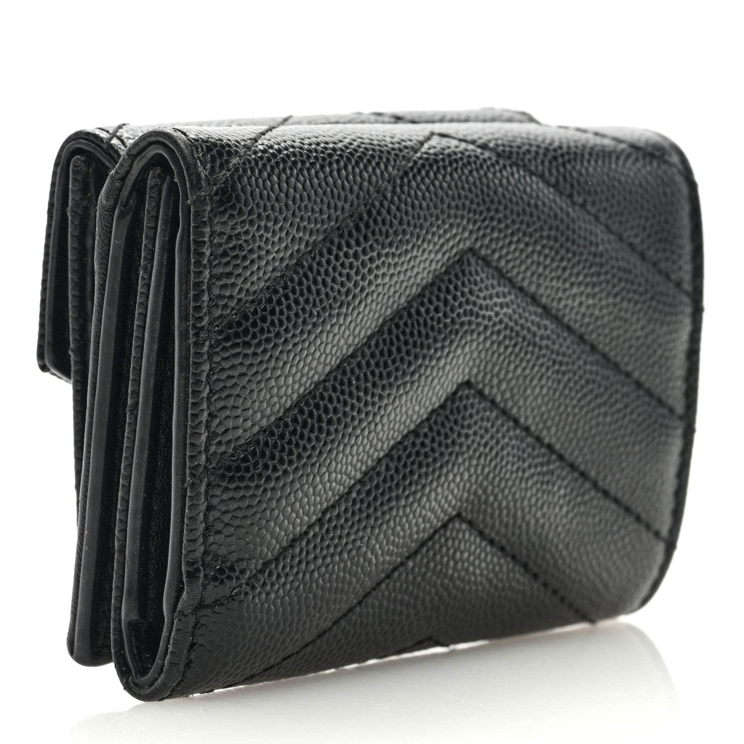 Saint Laurent Grain De Poudre Matelasse Chevron Monogram Compact Tri Fold Pocket Wallet Black 3 of 6