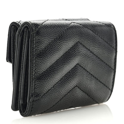 Saint Laurent Grain De Poudre Matelasse Chevron Monogram Compact Tri Fold Pocket Wallet Black 3 of 6
