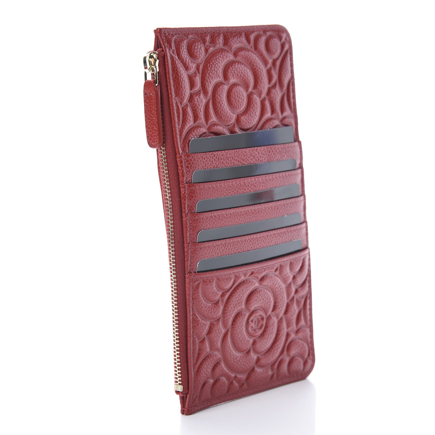 Chanel Caviar Camellia Embossed Classic Flat Wallet Pouch Red 3 of 8