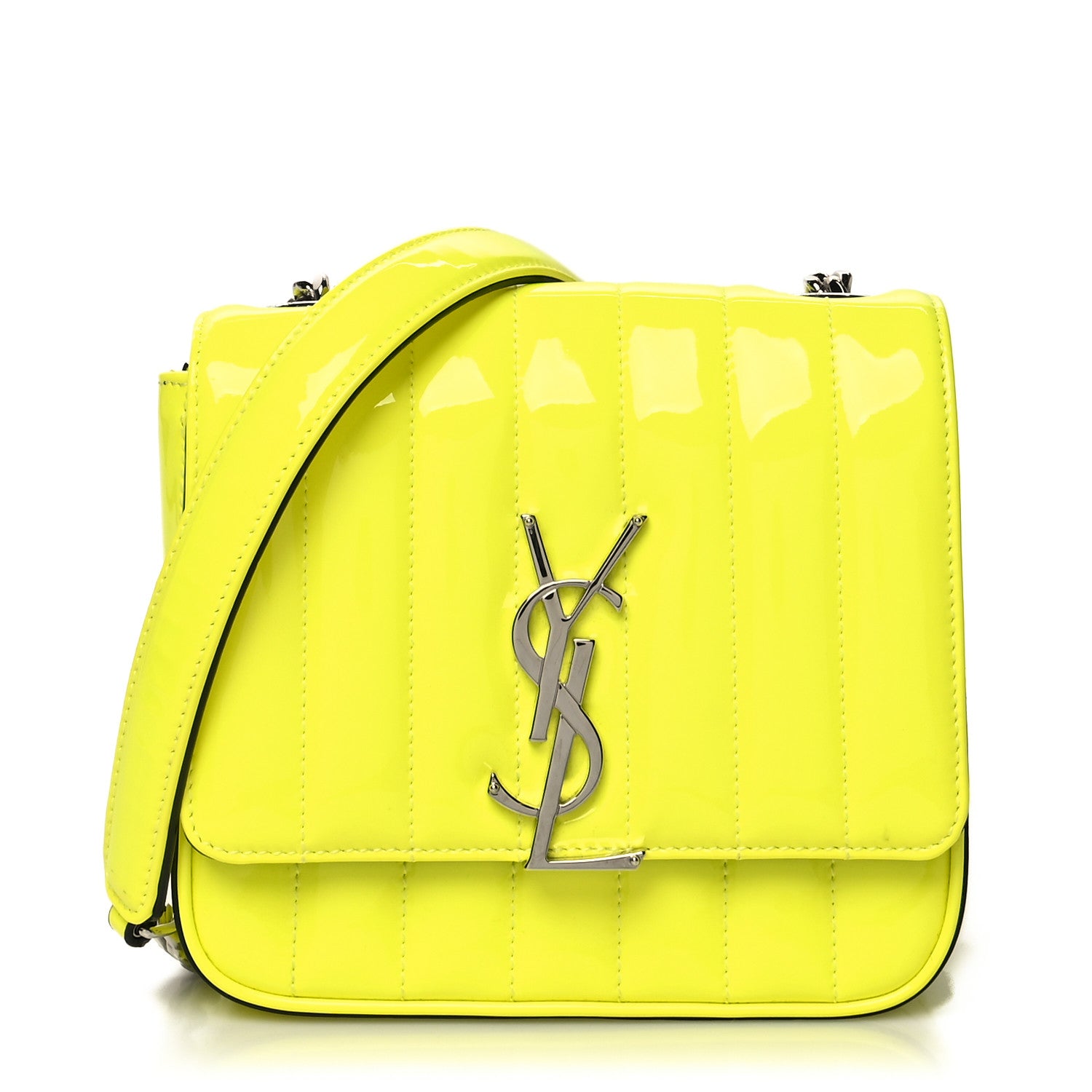Saint Laurent Patent Matelasse Monogram Small Vicky Chain Bag Neon Yellow 1 of 12