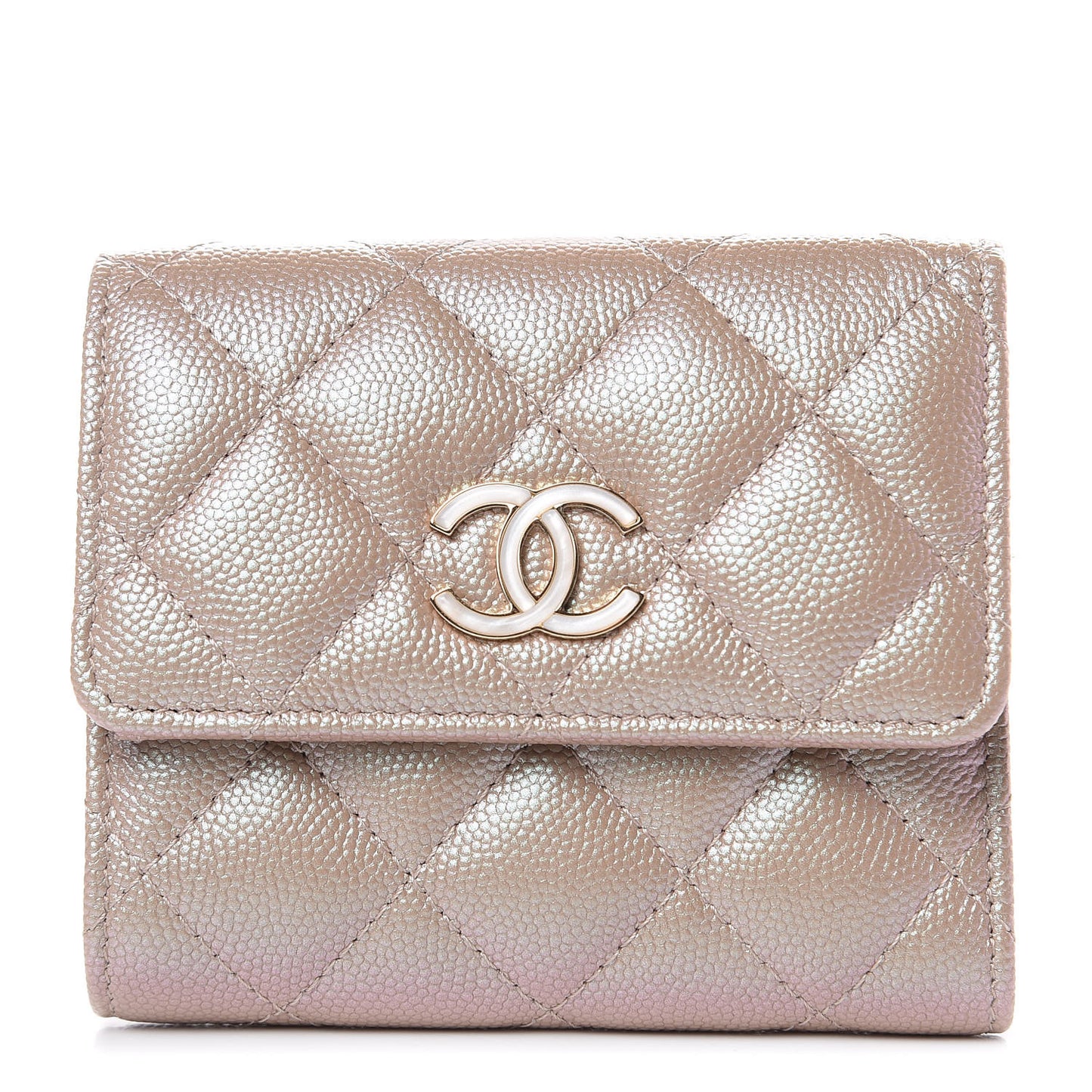 Iridescent Caviar Quilted Small Flap Wallet Beige
