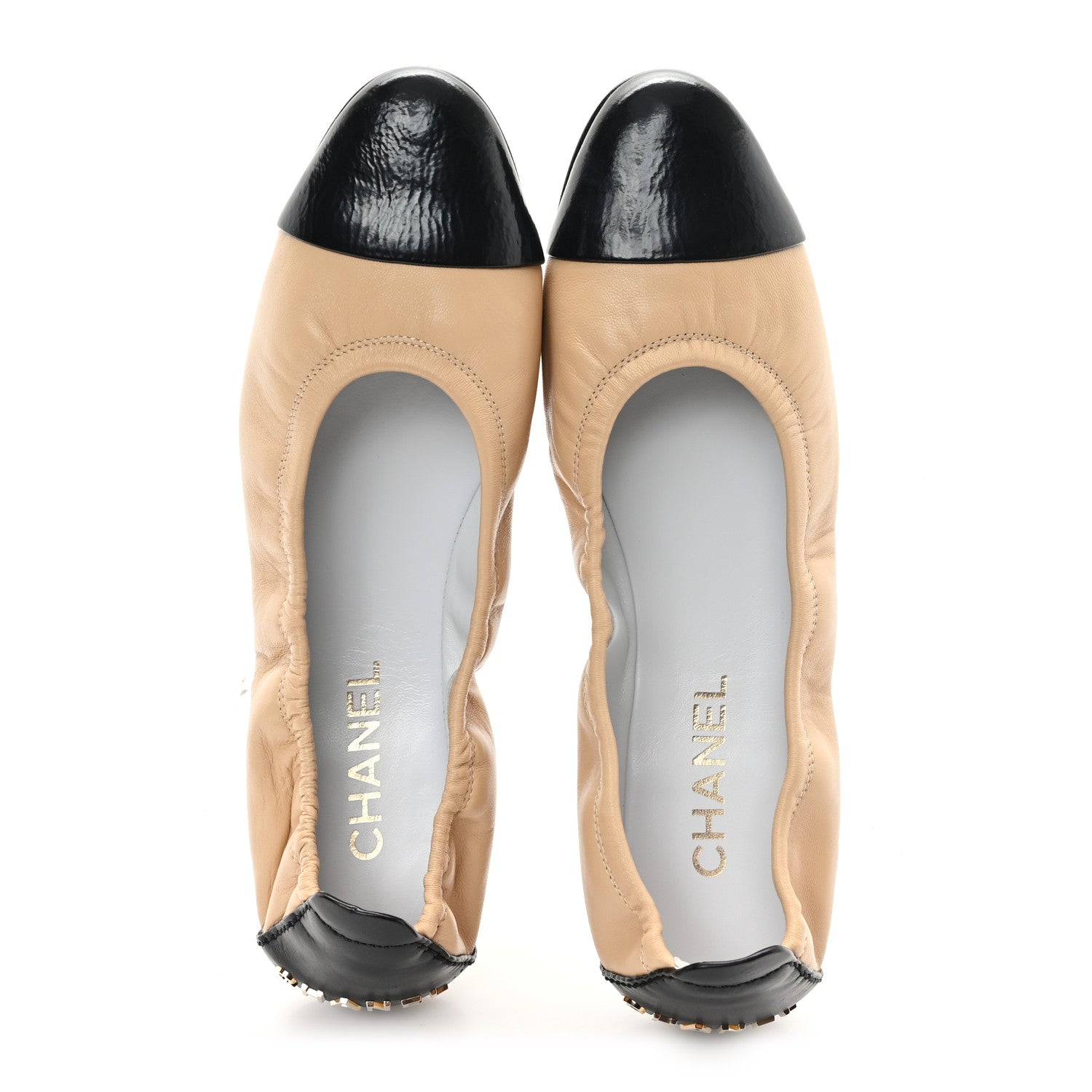Chanel Lambskin Shiny Goatskin Calfskin Ballerina Flats 39.5 Beige Black 5 of 9