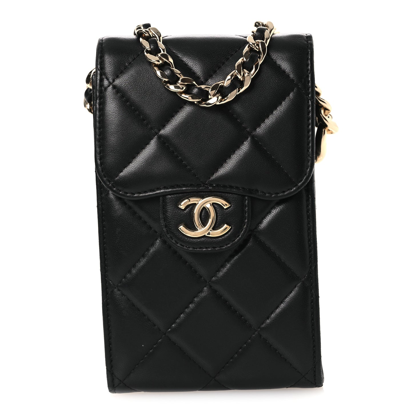Lambskin Quilted Lacquered Chain Phone Holder With Chain Black