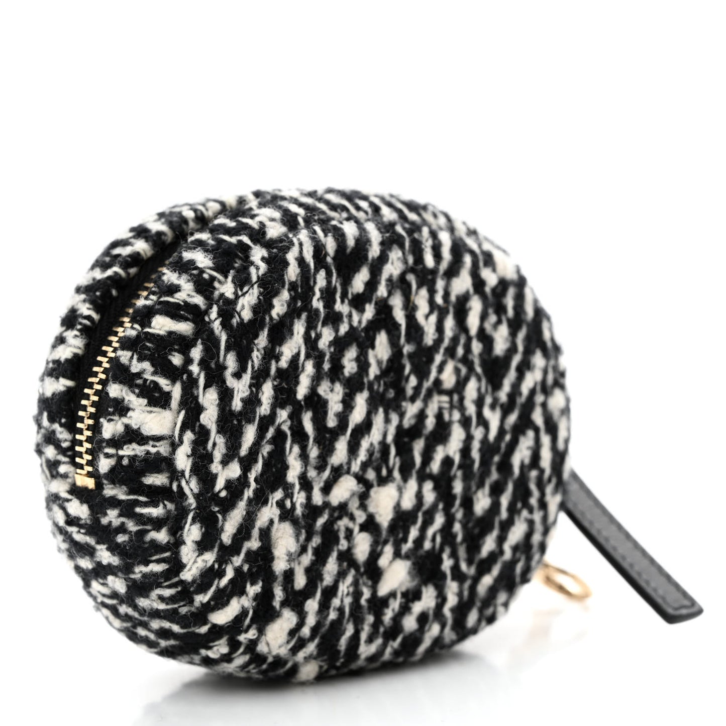 Tweed Shearling Round Clutch With Chain and Coin Purse Black and White